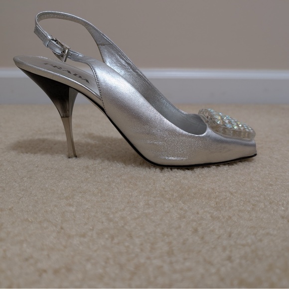 Prada silver leathers size 8 sling back heel with rhinestone embelishment. - Picture 9 of 13